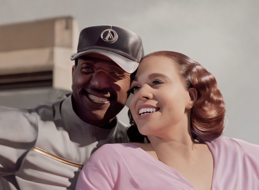 Military man embraces cheerful woman in pink outfit