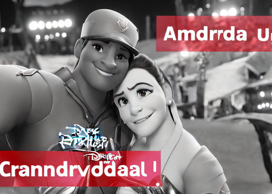 Male and female animated characters embracing with festive background and text overlay.