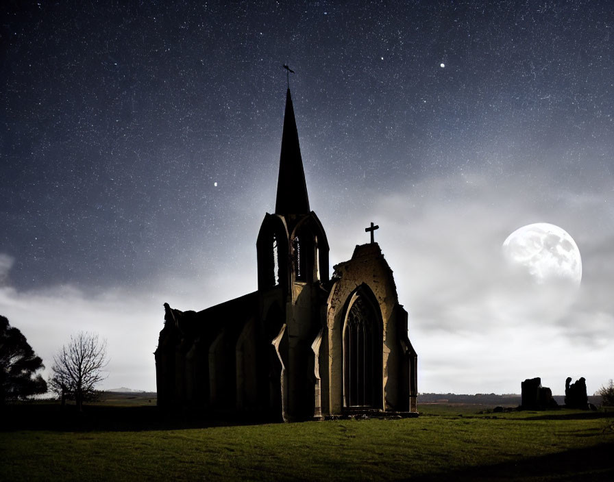 Silhouetted church under starry night sky with bright moon