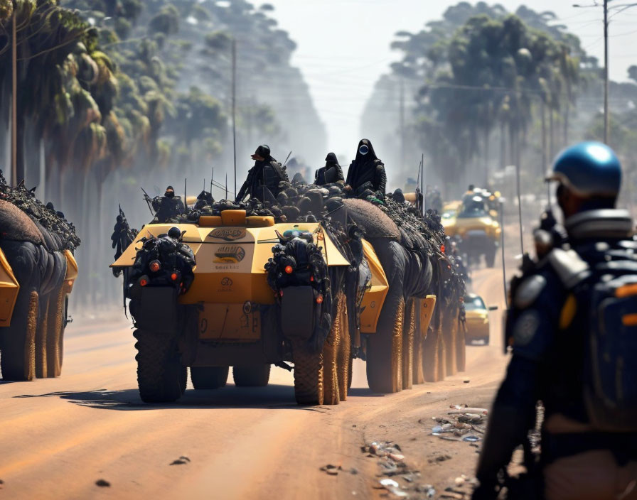 Armored vehicles and soldiers in military convoy on dusty road.