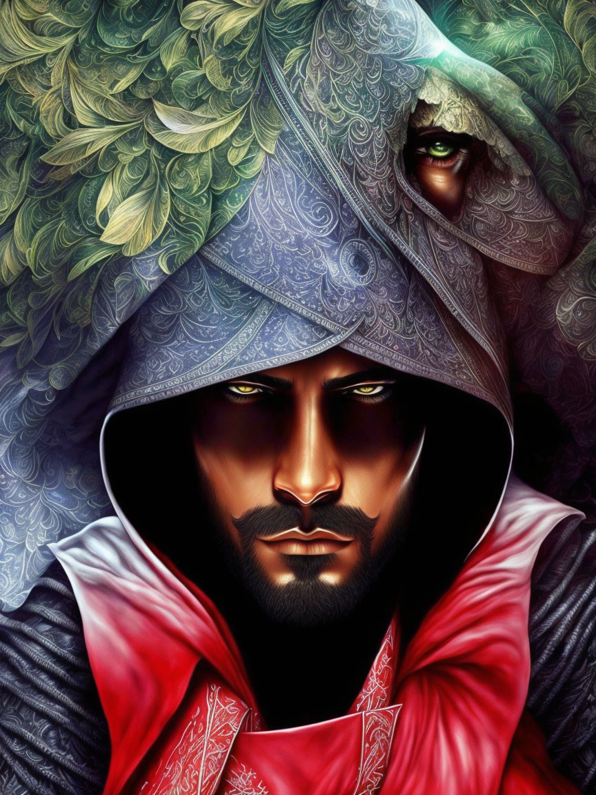 Digital artwork of a bearded male in hood with mystical creature