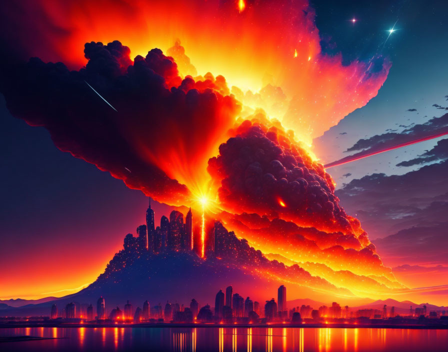 Dramatic fiery sky with explosive cloud formation over cityscape at sunset or sunrise