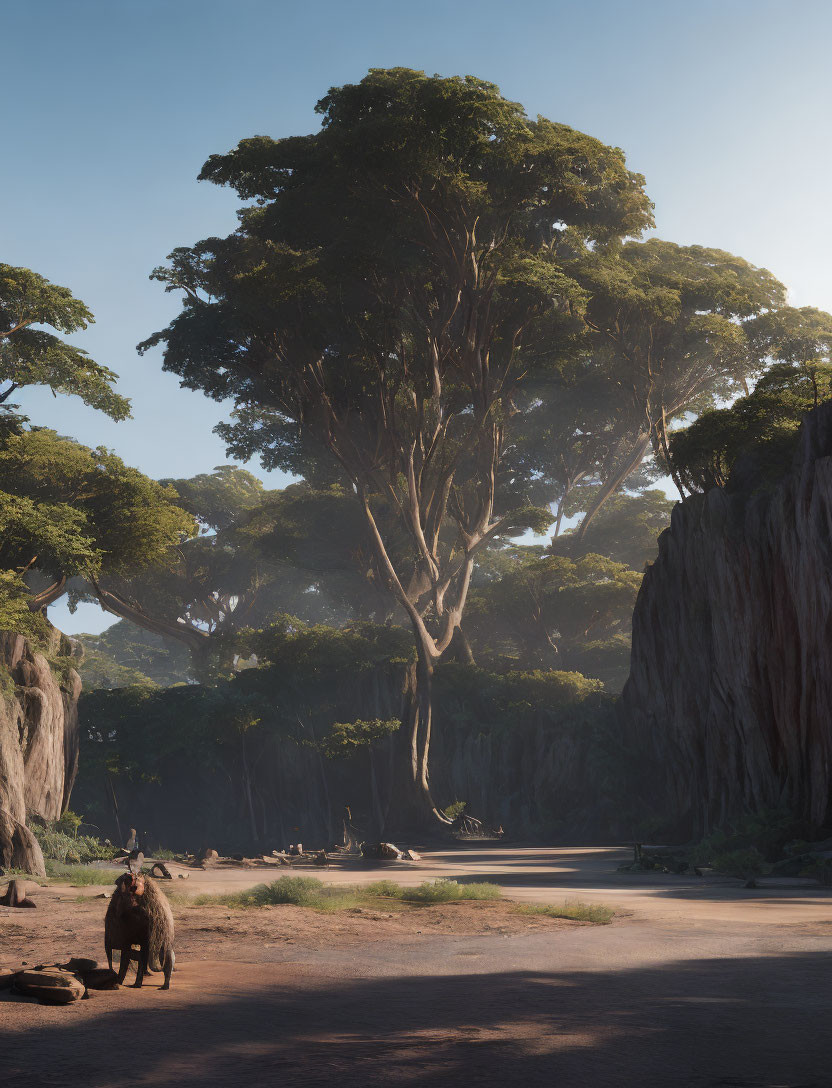 Hyena in serene forest with cliffs and trees