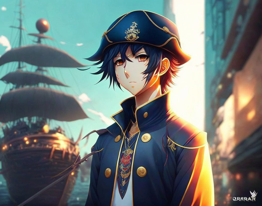 Anime-style character in naval uniform against historical ship backdrop