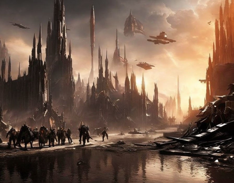 Sci-fi scene: Figures walking to towering spires in orange-tinted sky