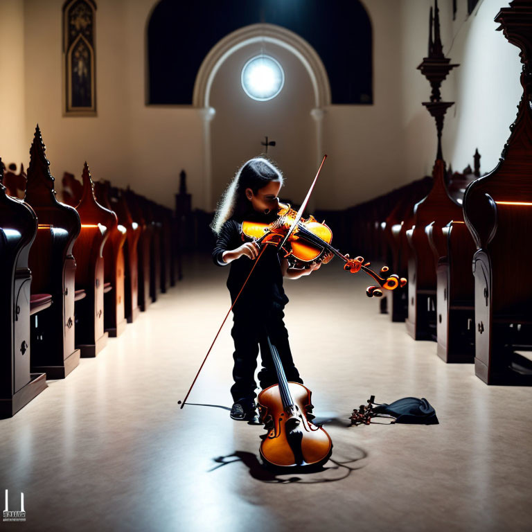 Child violinist performs in dimly lit church with spotlight, violin cases on floor