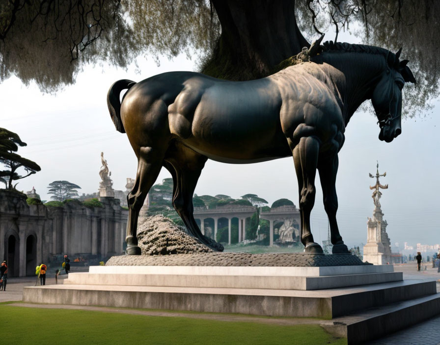 Bronze horse statue in park with lush trees and classical sculptures