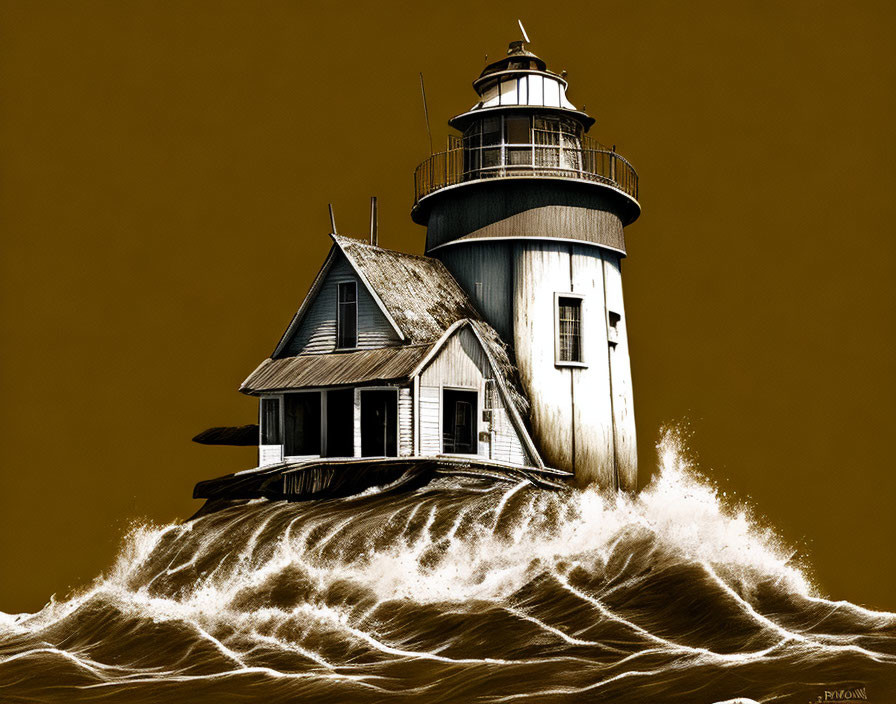 Sepia-tone illustration of lighthouse on large wave capturing dramatic ocean movement