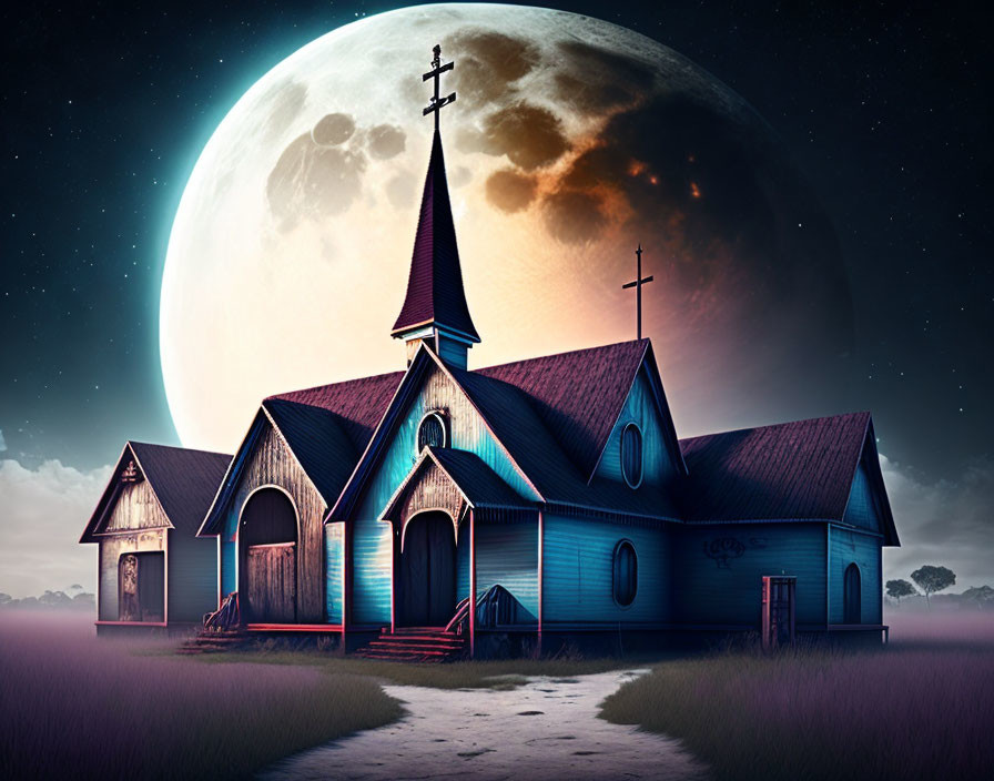 Surreal moonlit church scene under twilight sky