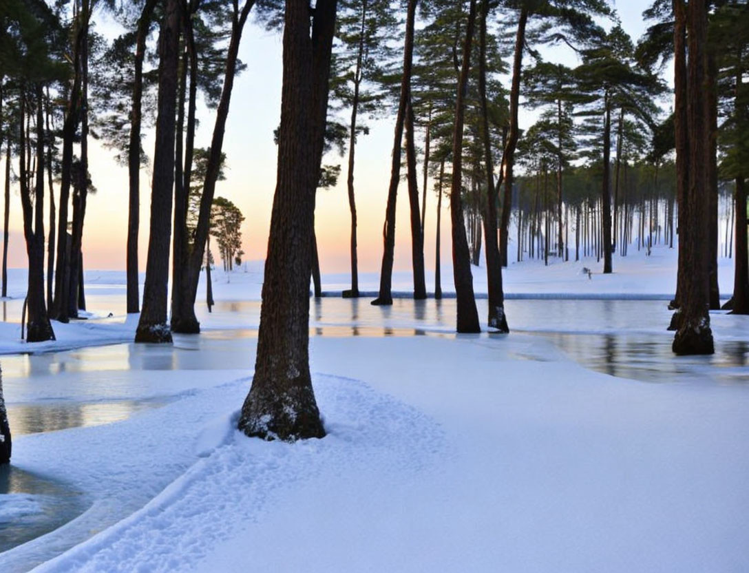 Winter landscape: snow-covered ground, pine trees, sunset, frozen lake.