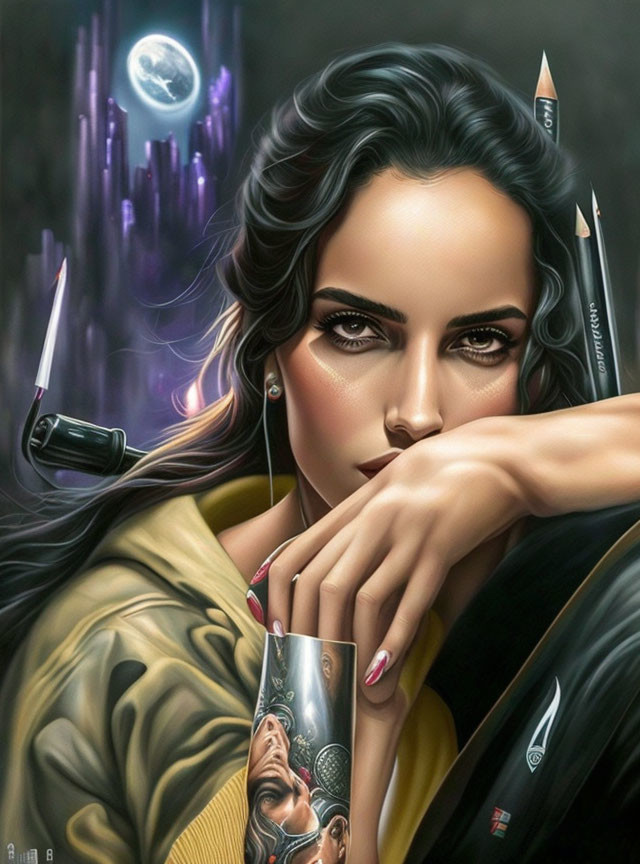 Dark-haired woman holding pencils with reflective portrait on arm in futuristic cityscape.