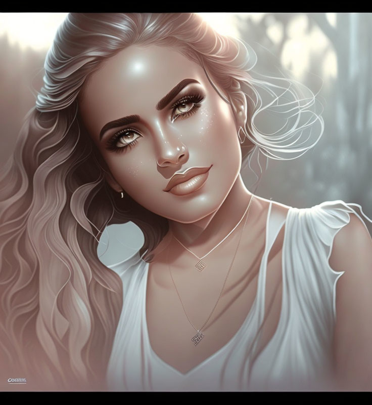 Woman with Long Wavy Hair and Sparkling Eyes in Serene Digital Art