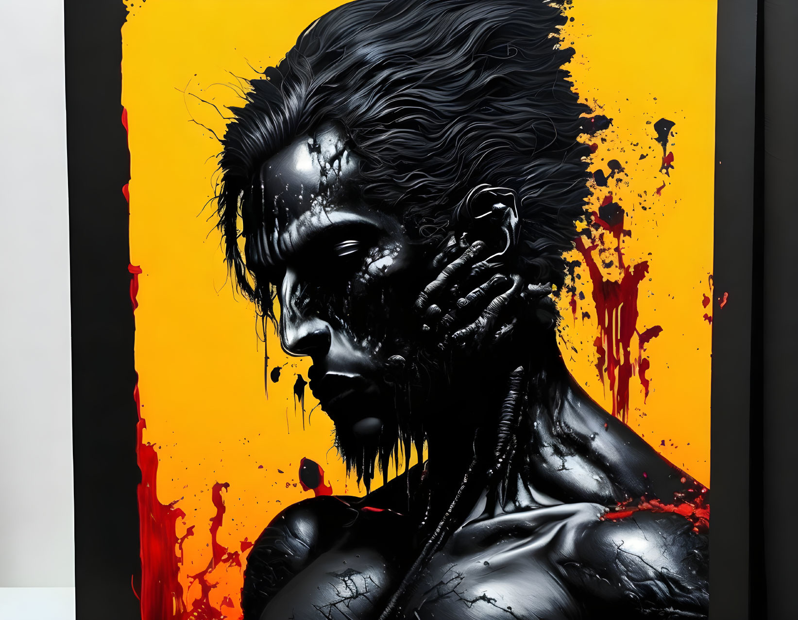 Vibrant black and silver humanoid figure on yellow background with red splatter effects