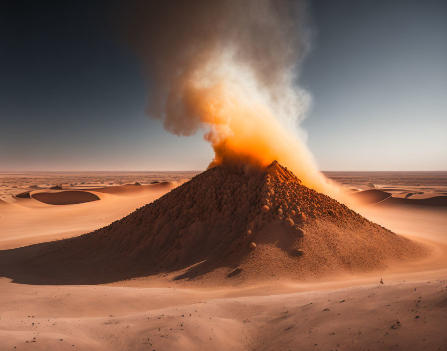 Barren desert landscape with volcanic eruption and orange sand.