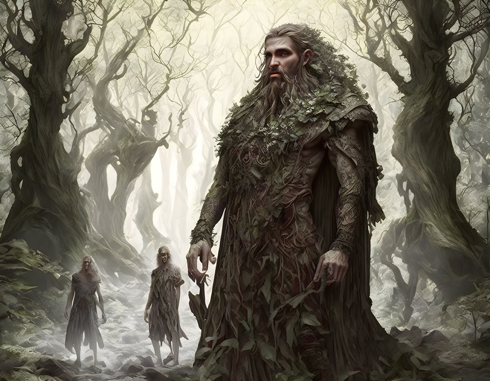 Mystical forest guardians in leafy attire amidst ancient woods