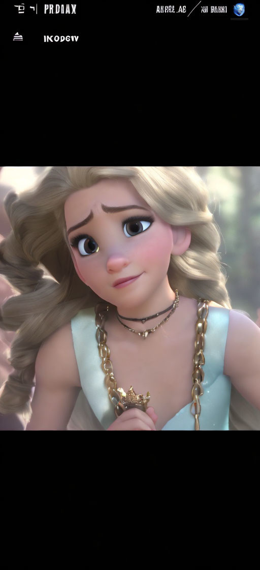 Blonde-Haired Animated Character in Blue Dress with Gold Necklace