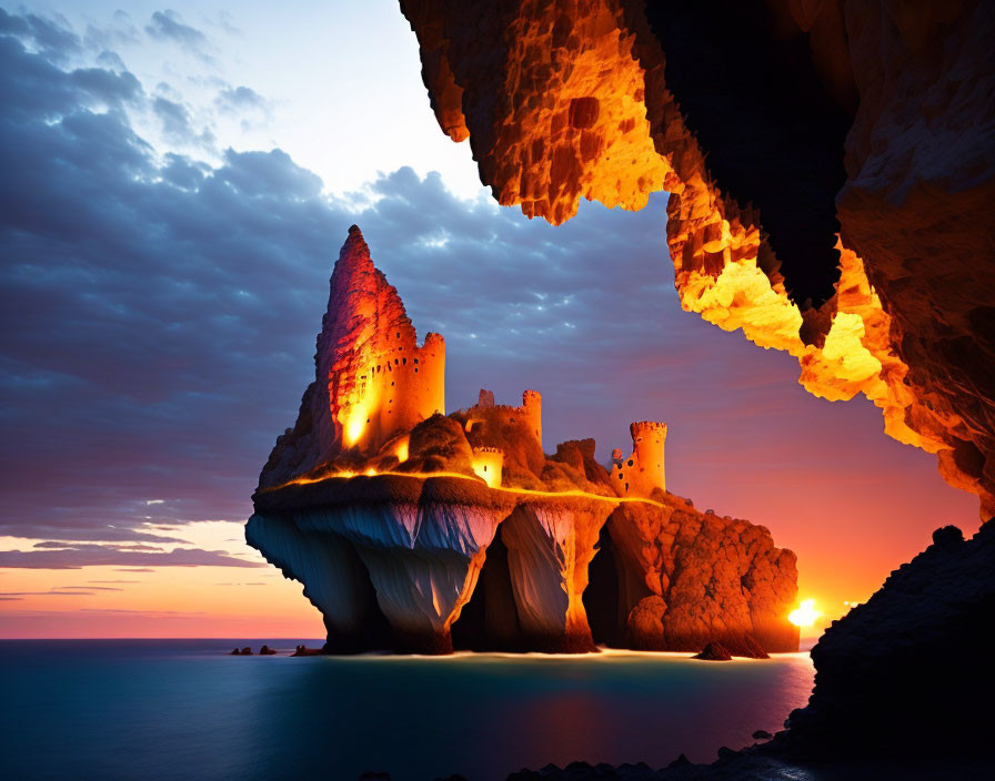 Majestic castle on rugged island at sunset over serene ocean