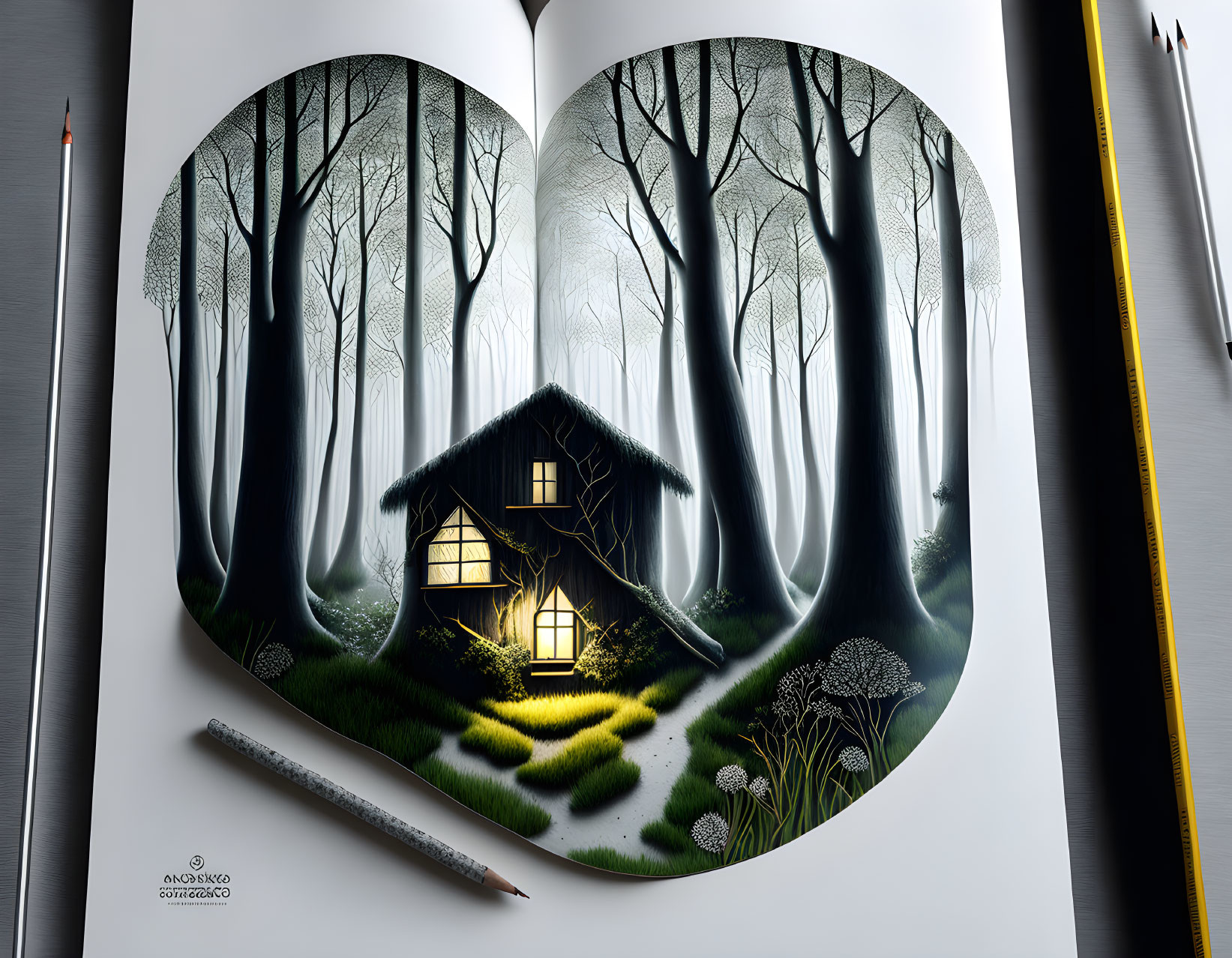 Illustrated open book: Cozy cabin scene in mystical forest with drawing tools