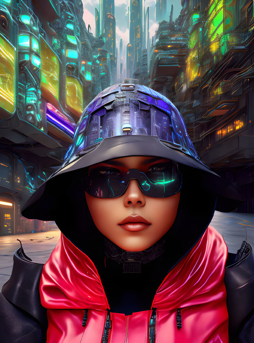 Futuristic sunglasses and purple helmet in cyberpunk cityscape