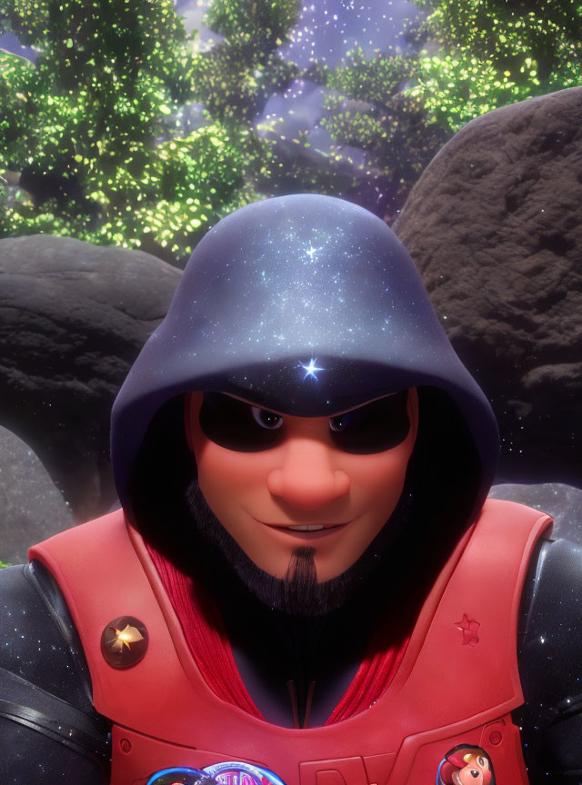 Animated character in space suit with hood against cosmic background