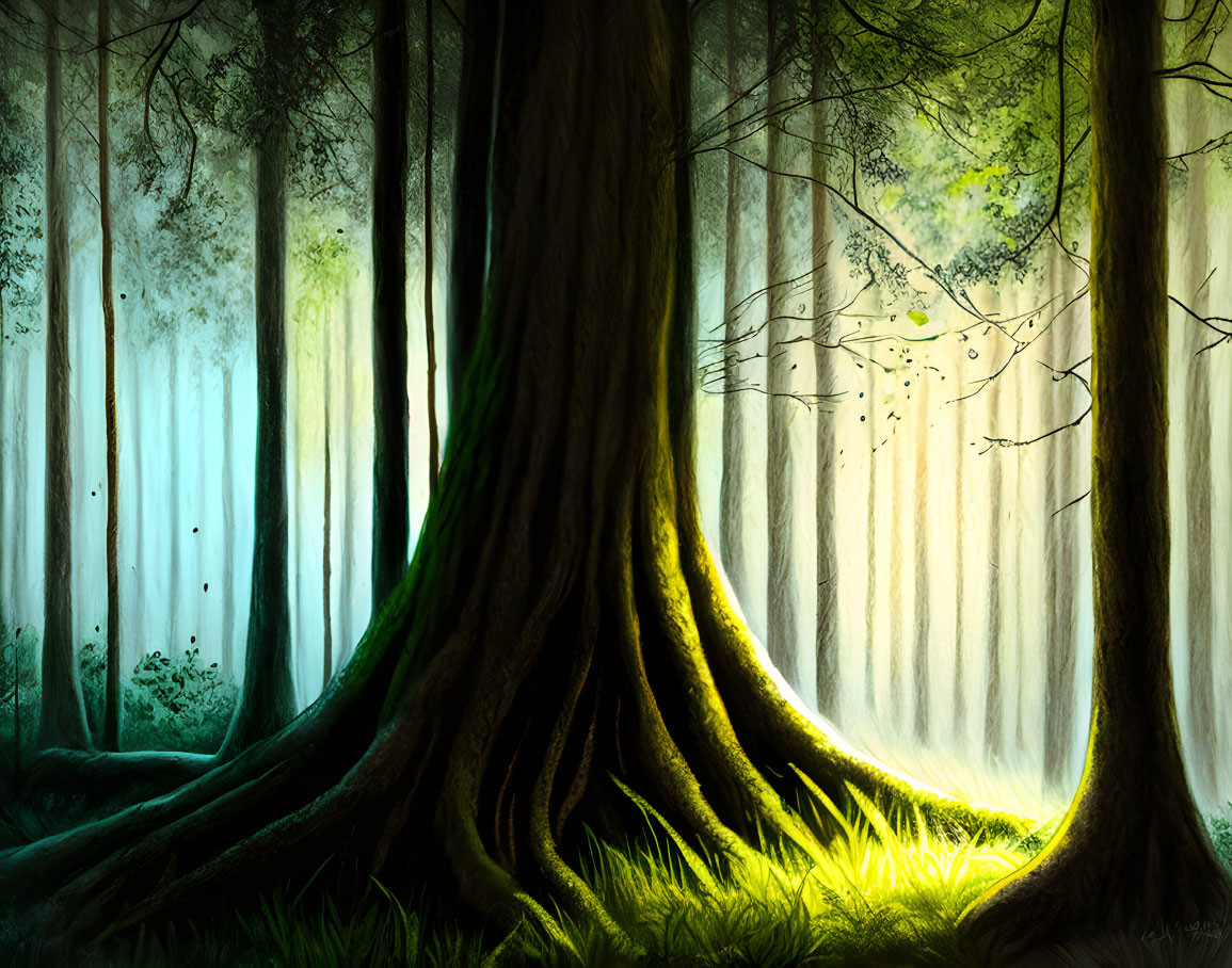 Sunlit forest scene with vibrant green undergrowth