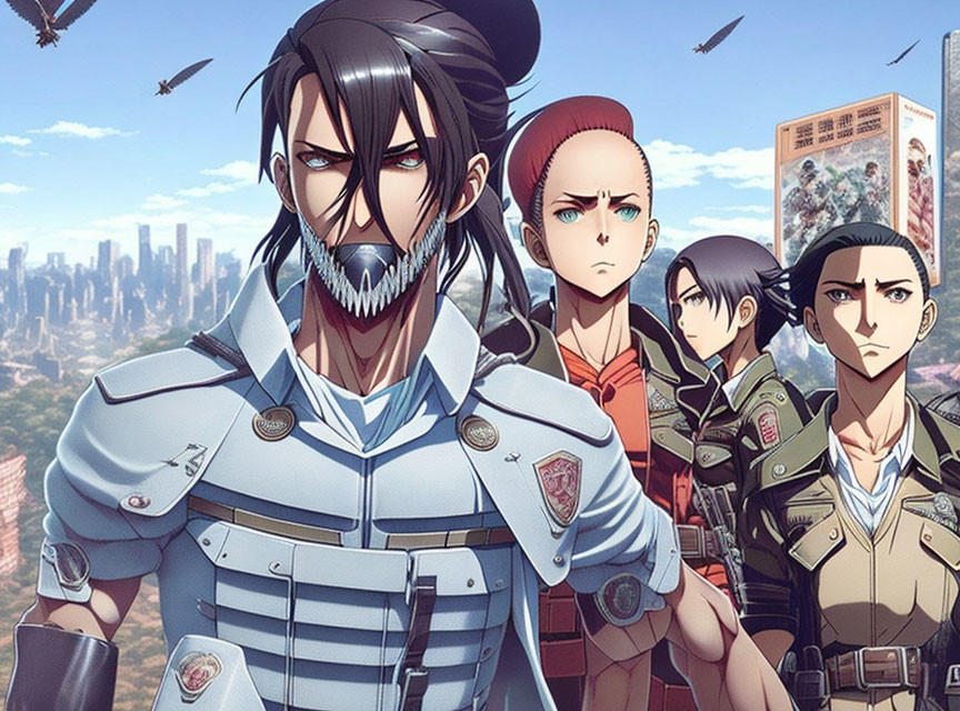 Animated characters in military attire with dystopian cityscape.