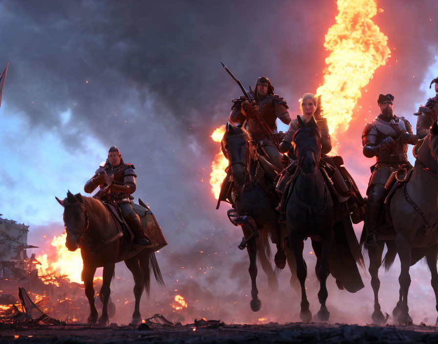 Horseback riders charge through fiery battlefield with smoke and flames.