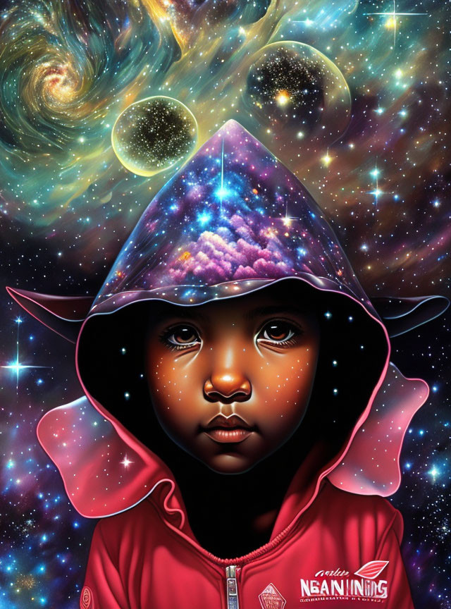 Child in cosmic hooded garment surrounded by stars