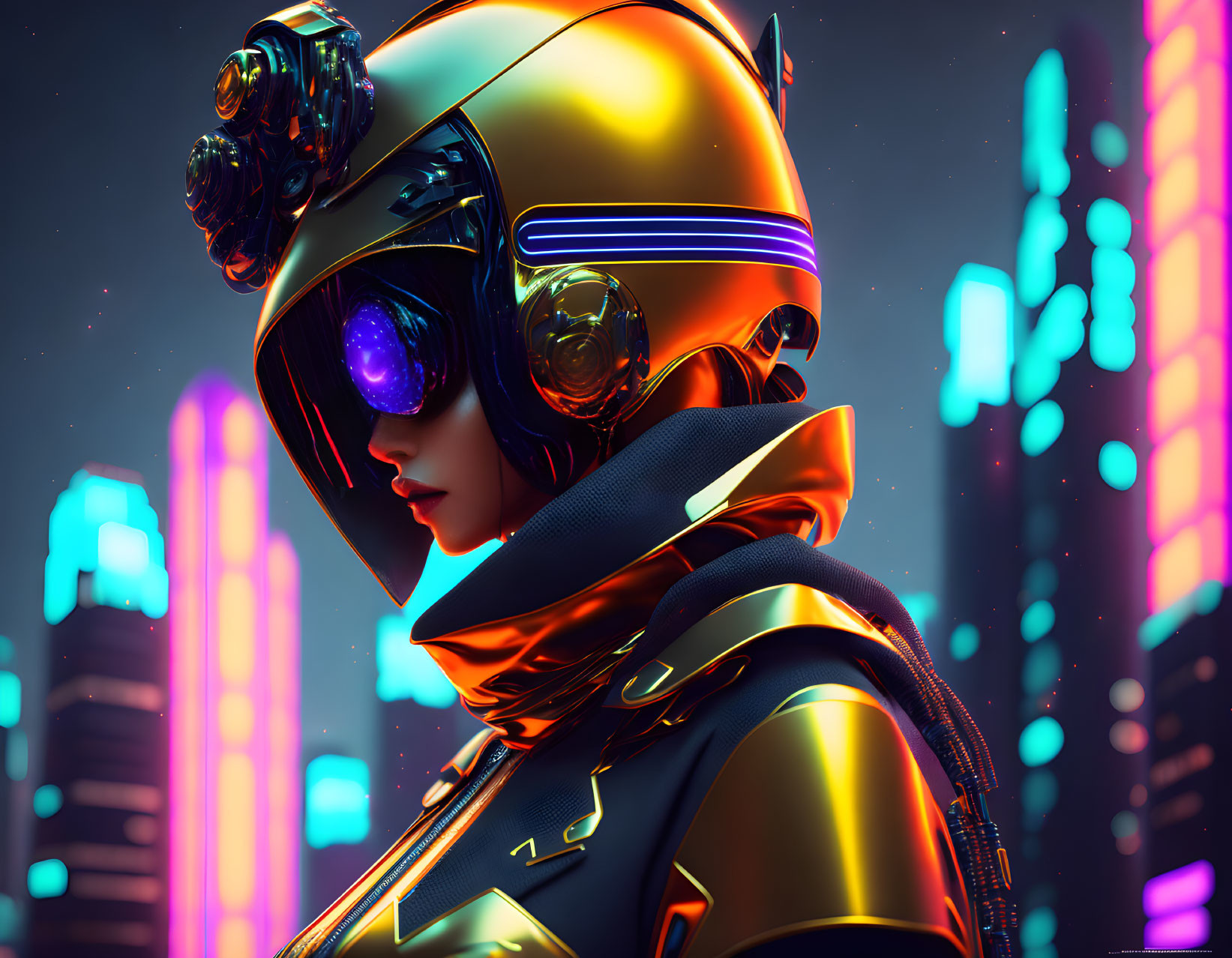 Futuristic helmet with neon city lights background