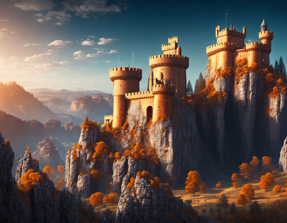 Castle on Steep Cliff Amid Autumn Forest and Warm Sky