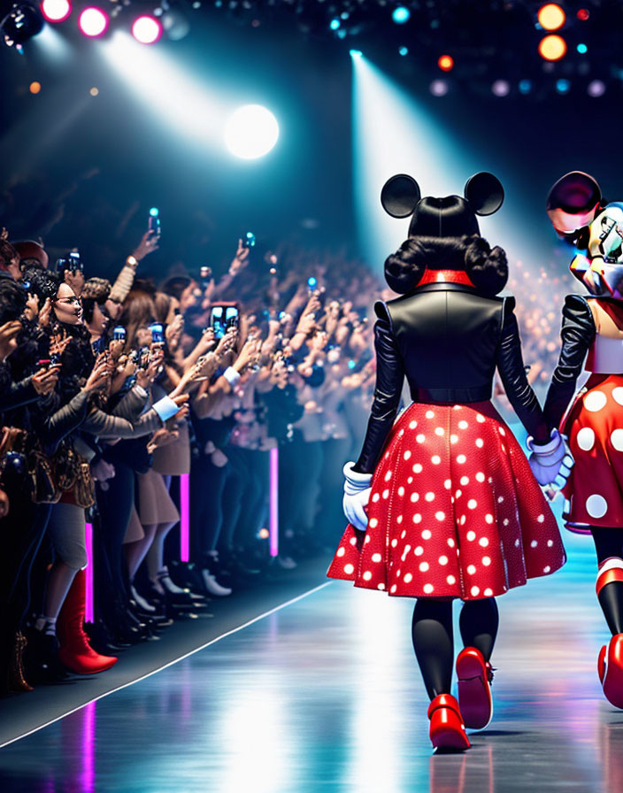 Costumed Mickey and Minnie on Fashion Runway with Audience Photographing