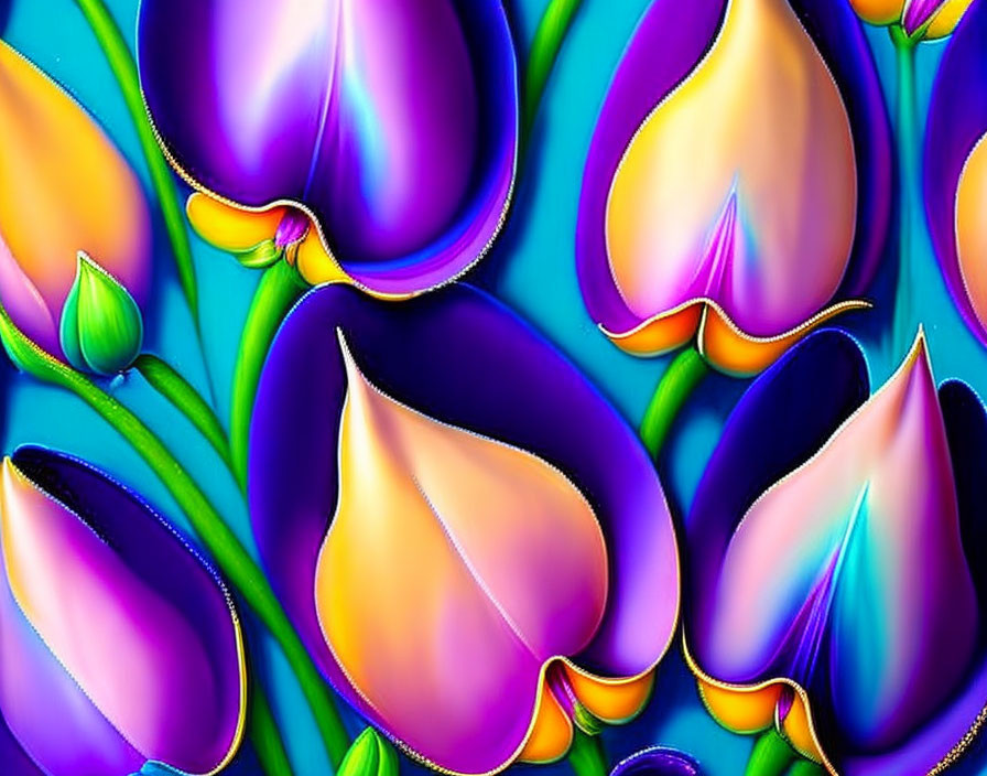 Colorful Stylized Flower Art on Glossy Blue Background