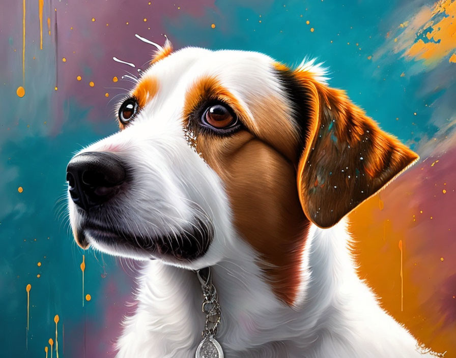 Colorful Portrait of White and Tan Dog with Spotted Ear and Expressive Eyes