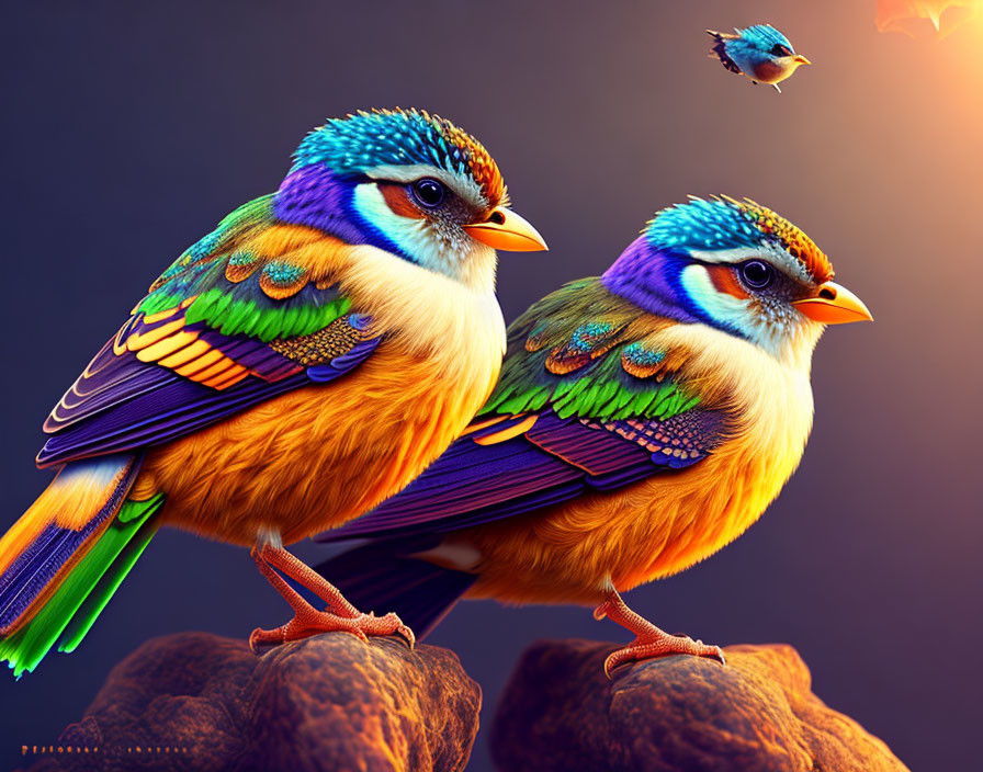 Colorful fantastical birds on rocks in dark setting with flying bird