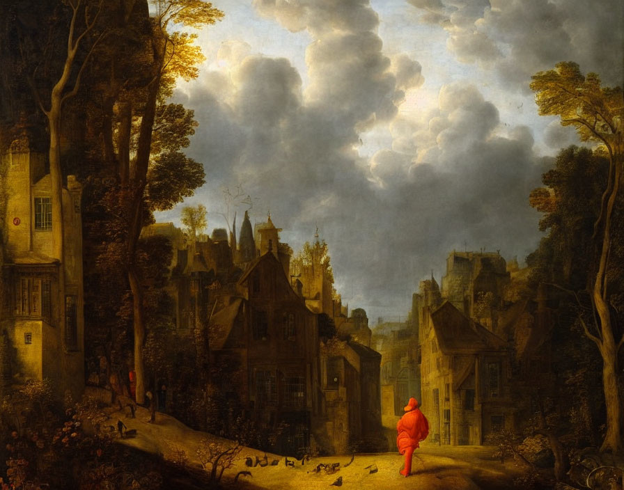 Rustic village painting with figure in red cloak