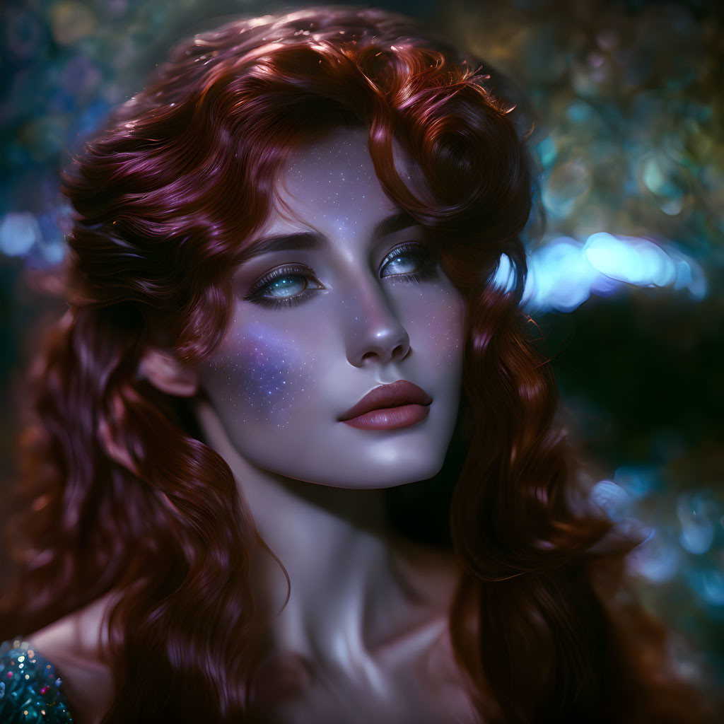 Red-haired woman with star-like freckles in front of blue foliage.