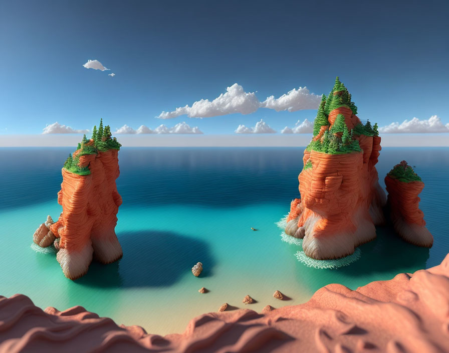 Tranquil seascape with orange rock formations and green foliage