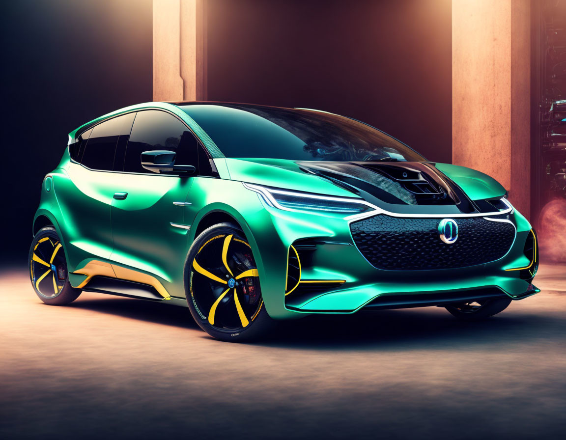 Futuristic green car with reflective surface and yellow accents in dimly lit setting