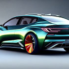 Futuristic Volkswagen concept car with turquoise paint and orange wheels