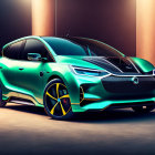 Futuristic green car with reflective surface and yellow accents in dimly lit setting