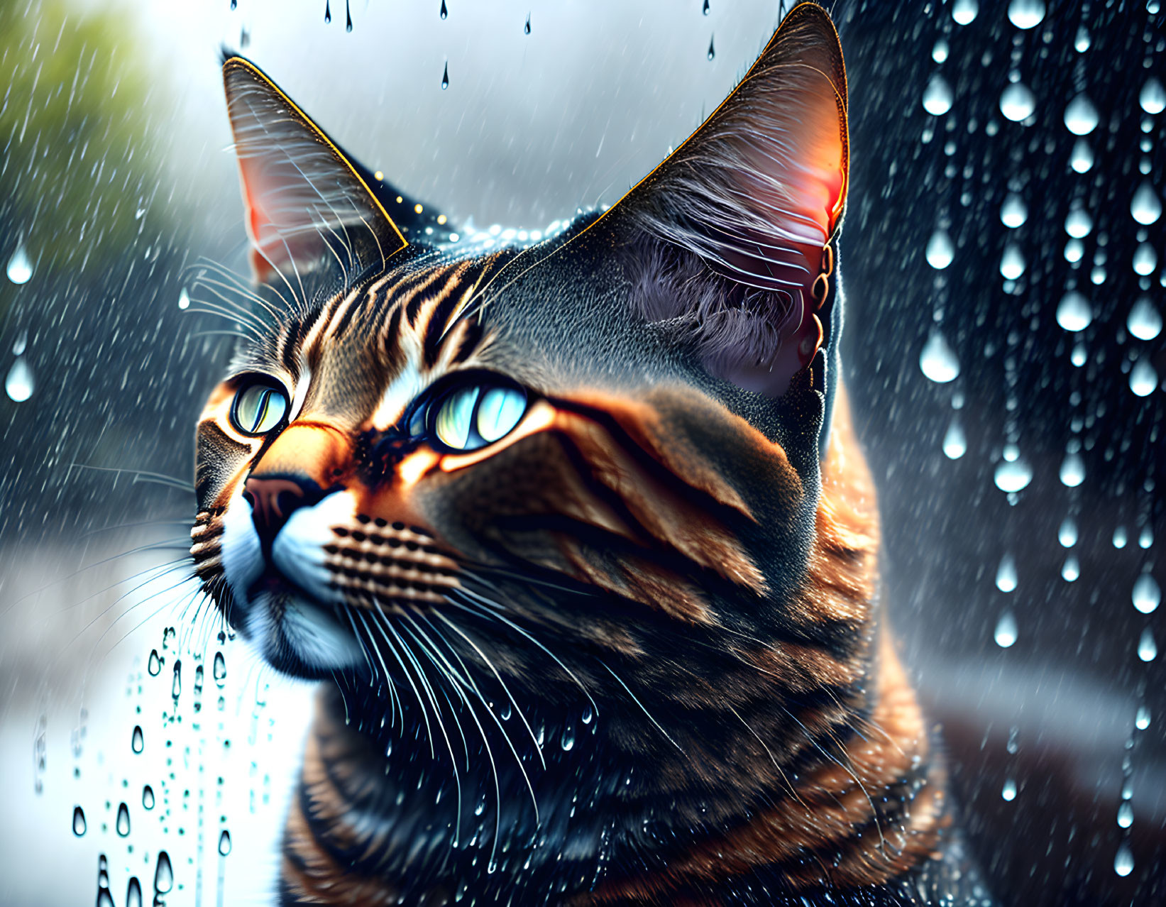 Tabby cat with blue eyes in contemplative pose during rain.