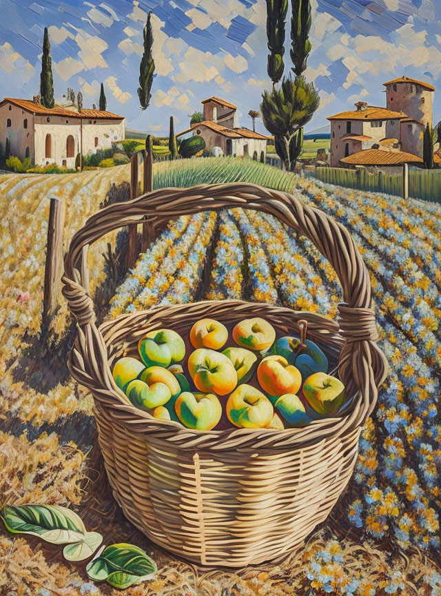 Colorful painting: Wicker basket with fresh apples against Tuscan countryside.