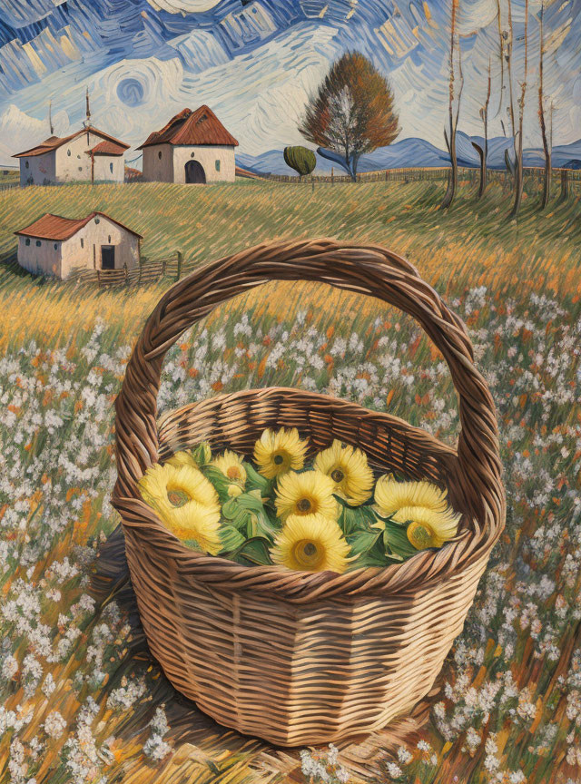 Yellow flowers in wicker basket among daisies, houses, and swirling blue sky