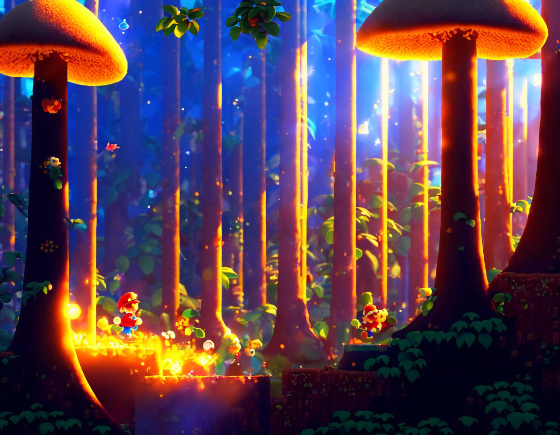 Colorful forest scene with oversized mushrooms and light beams on characters.