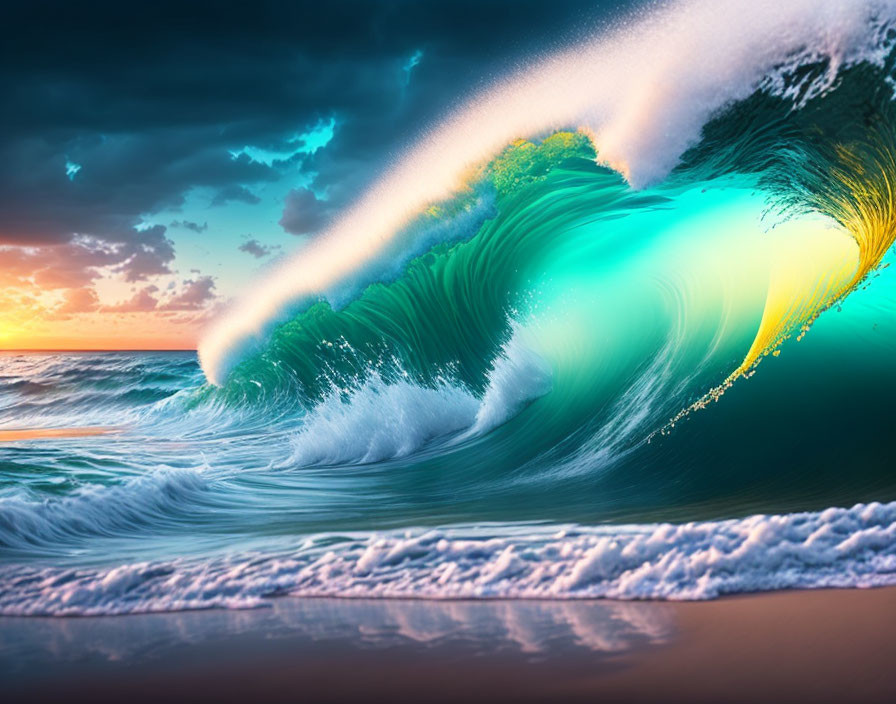 Colorful Beach Scene with Large Curling Wave