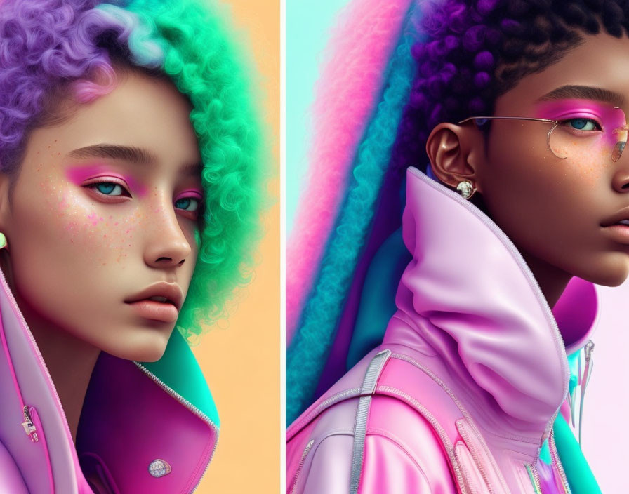 Vibrant Curly Hair People in Pink Jackets on Pastel Background