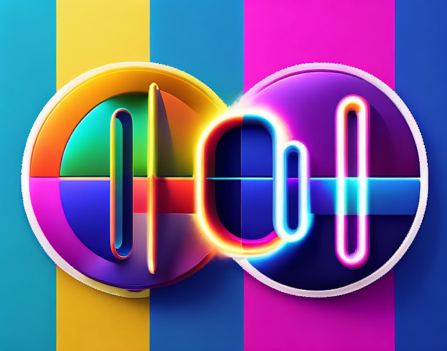 Neon-bordered circular shapes connected by bar on vibrant striped background