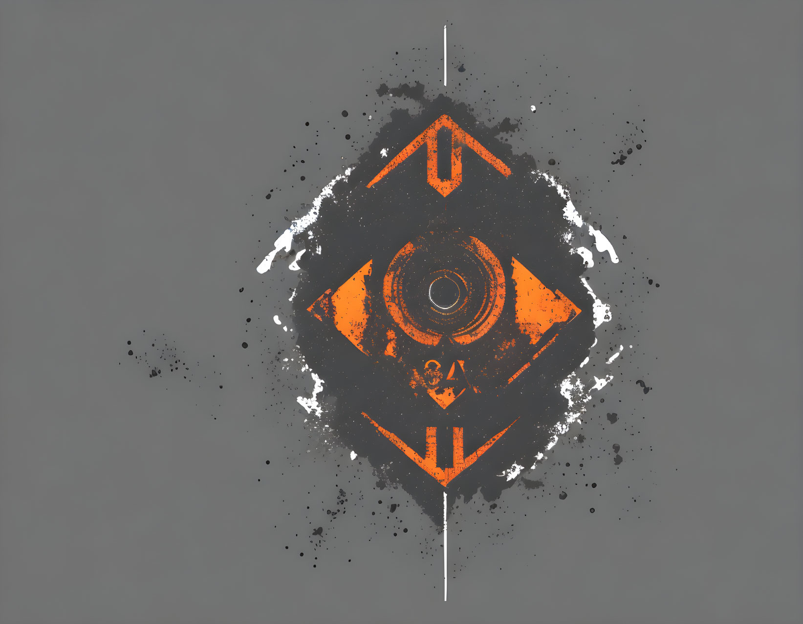 Abstract Orange and Black Symmetrical Design with Central Eye Symbol on Grey Background