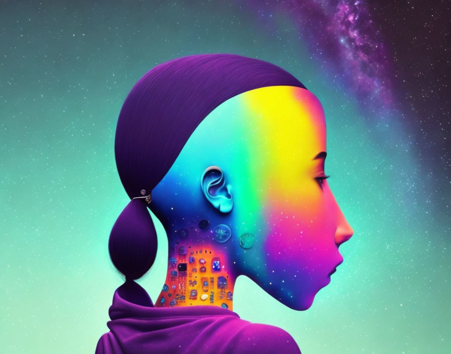 Colorful Stylized Female Figure in Cosmic Cityscape Portrait