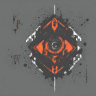 Abstract Orange and Black Symmetrical Design with Central Eye Symbol on Grey Background